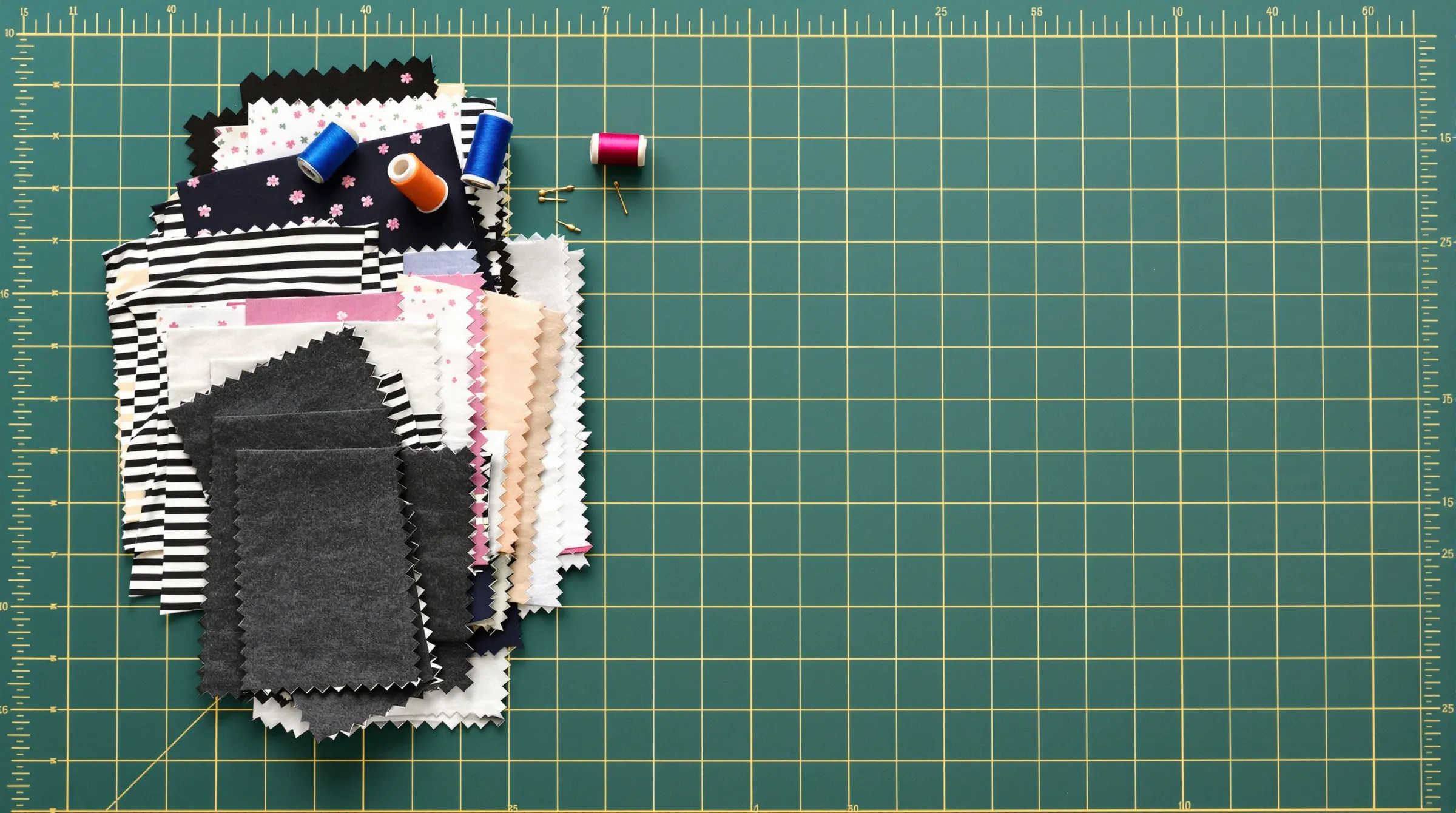 Cut fabric with pinked edges and serger thread cones on a green cutting mat